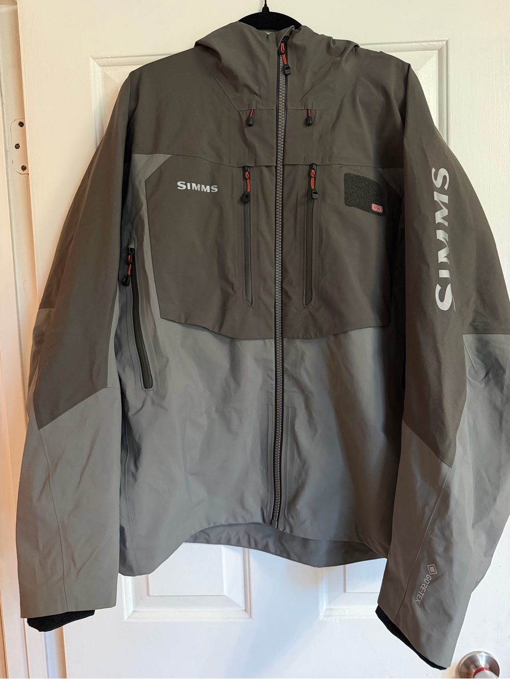 Simms Gray and Orange Hooded Fishing Rain Jacket